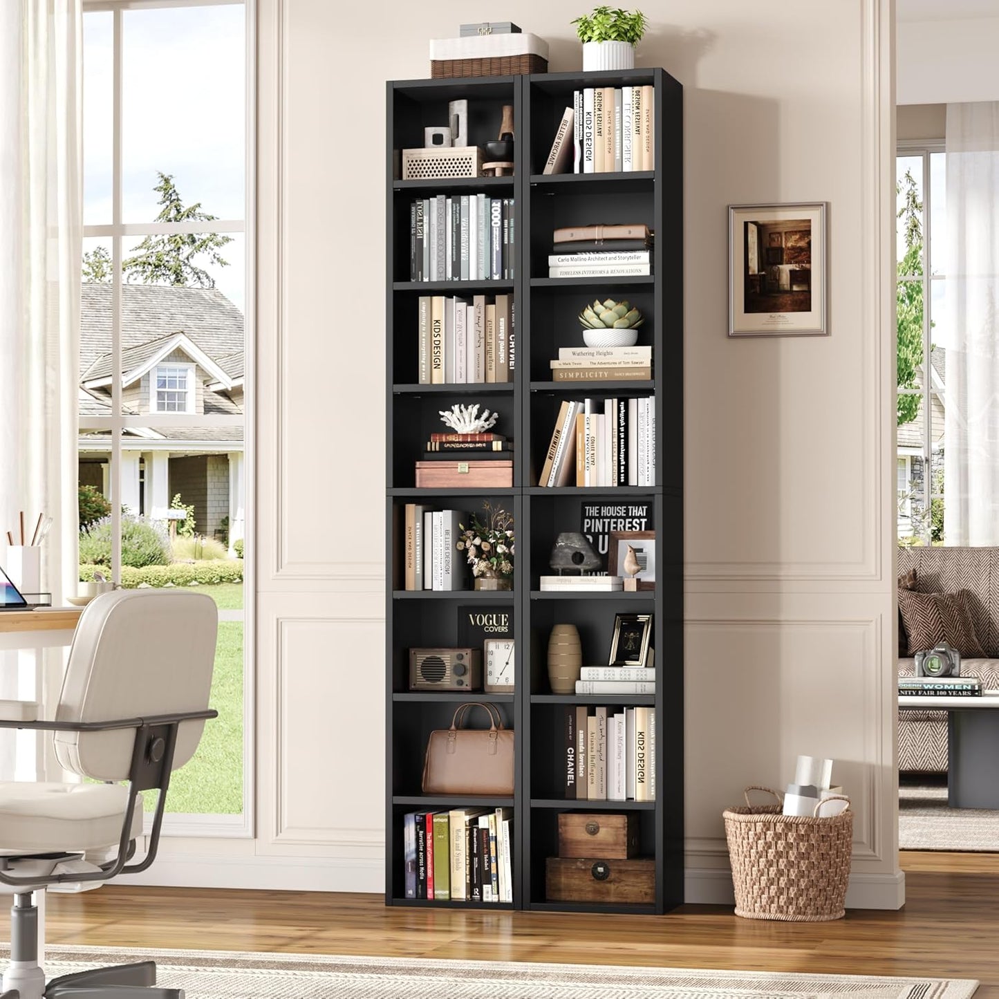 FOTOSOK 8-Tier Media Tower Rack, 11.6 X 9.3 X 70.9 Inches CD DVD Slim Storage Cabinet with Adjustable Shelves, Tall Narrow Bookcase Display Bookshelf for Home Office, Black
