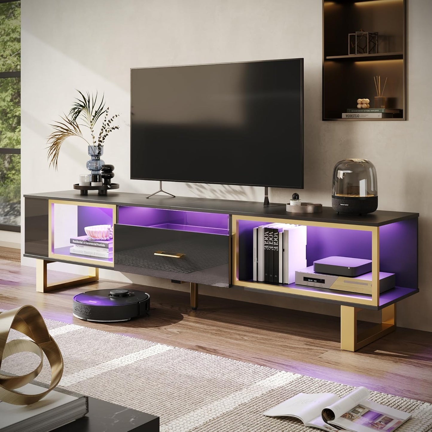 Bestier TV Stand for 75 Inch TV, LED Gaming Entertainment Center with Open Storage & Half-Glass Design Drawer, Modern High Glossy TV Cabinet for Living Room Bedroom, Black and Gold