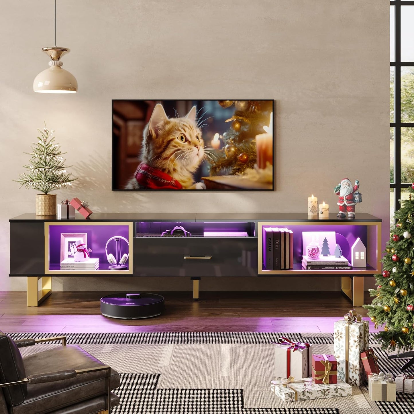 Bestier TV Stand for 75 Inch TV, LED Gaming Entertainment Center with Open Storage & Half-Glass Design Drawer, Modern High Glossy TV Cabinet for Living Room Bedroom, Black and Gold