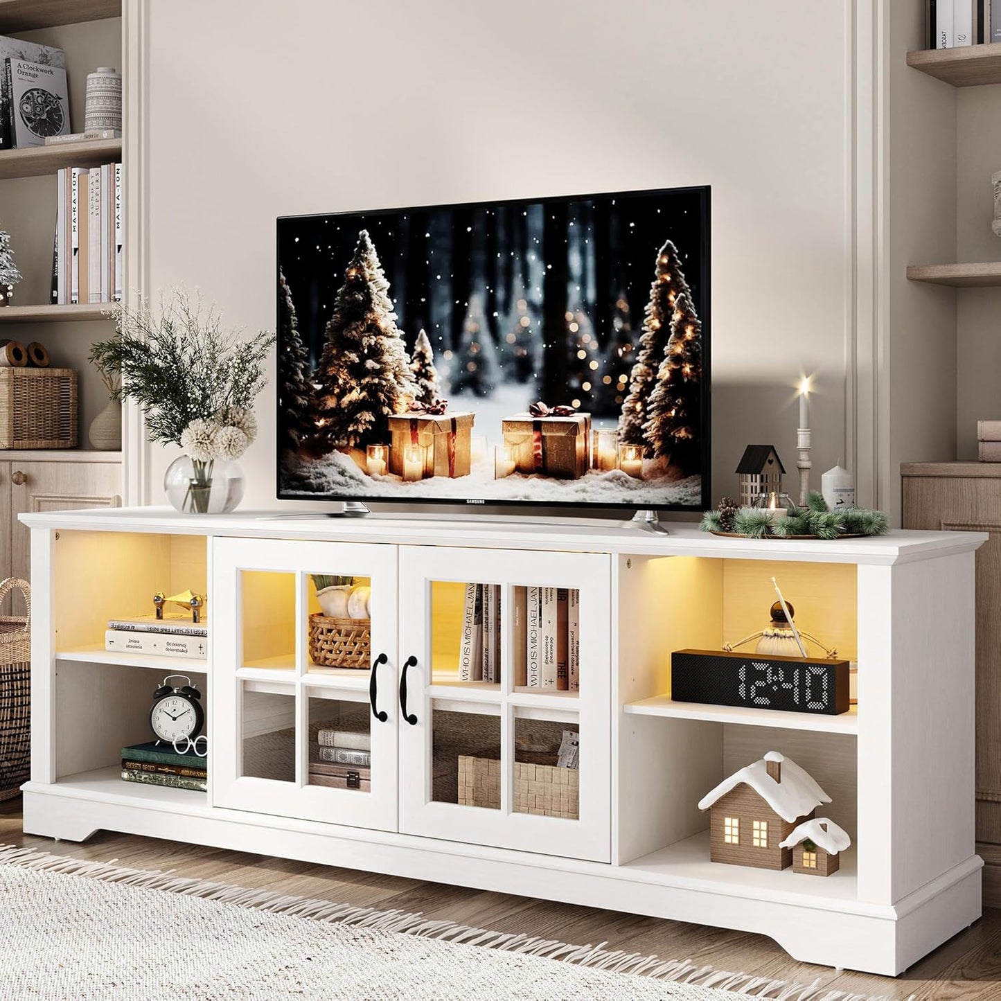 LINSY HOME TV Stand for 65 Inch TV, 32" Tall Entertainment Center with LED Lights and Glass Door Storage Cabinet, Modern Farmhouse TV Media Console Table for Living Room, Black