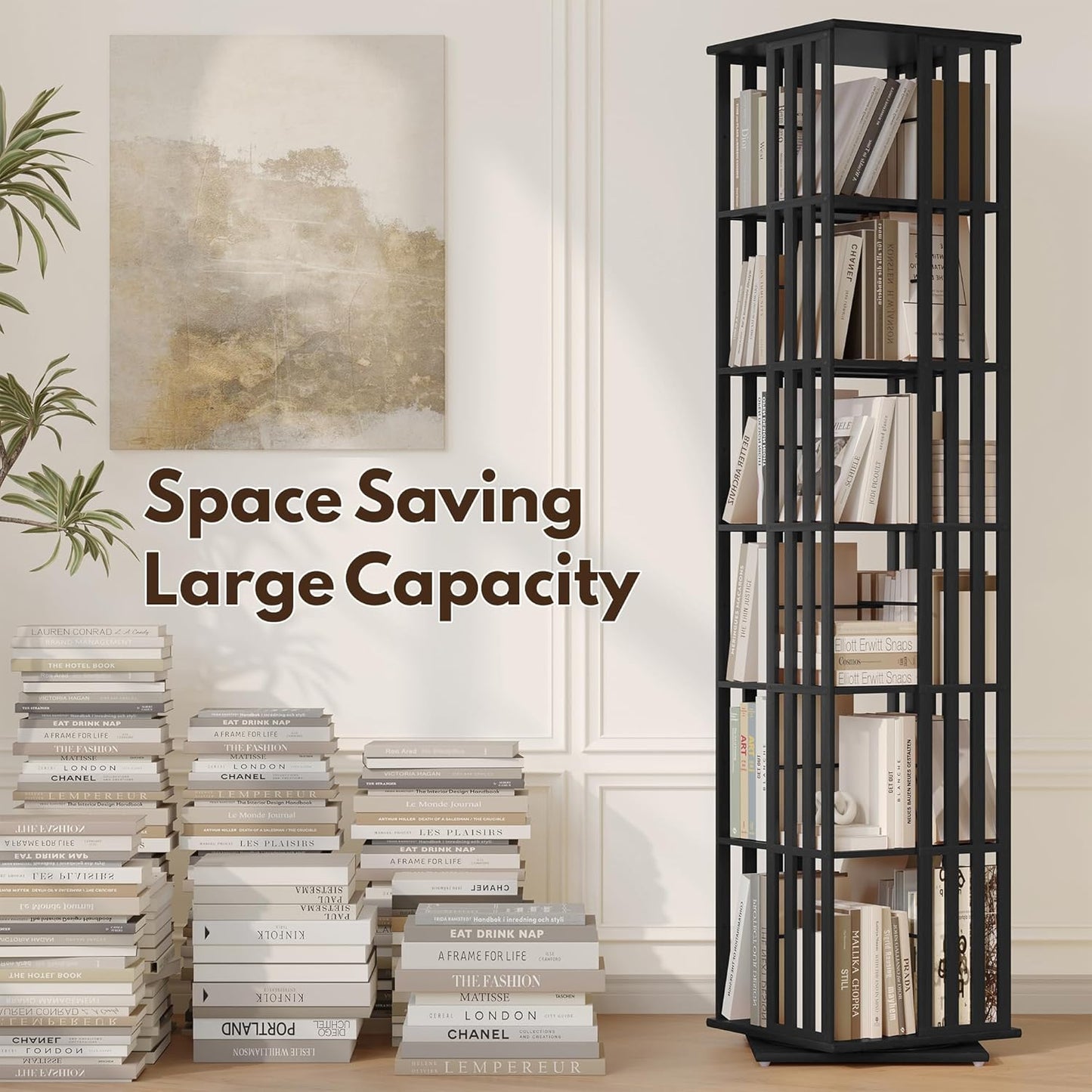 Rotating Bookshelf Tower, 360 Display Spinning Bookcase, Bamboo Bookshelf Floor Standing Storage Rack, Wood Narrow Book Shelf Organizer for Kids&Adults (Black)