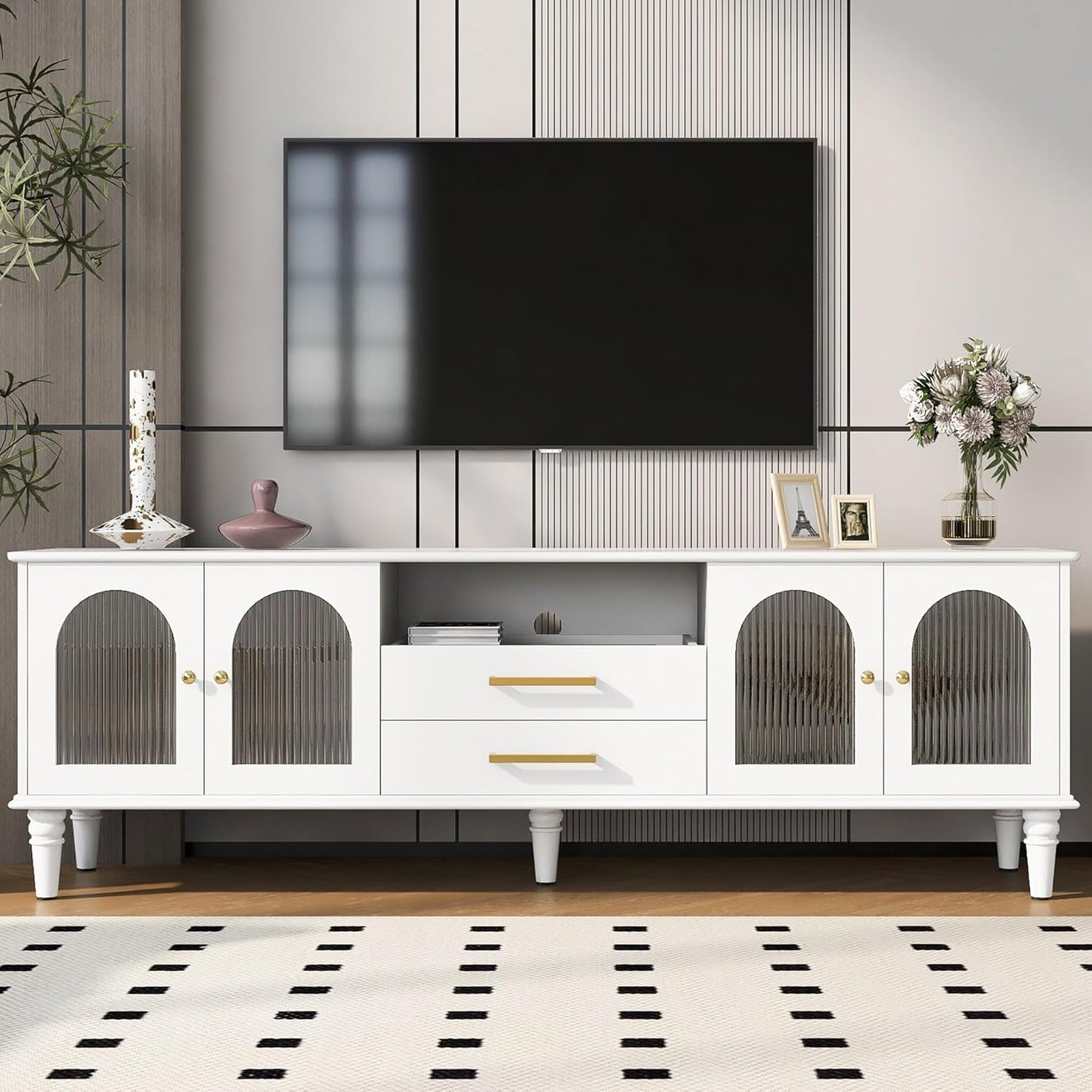Black TV Stand, 60 65 70 75 inch Wood TV Stand, High Glossy Entertainment Center with Large Drawers&Glass Display Shelf, LED Modern Media Gaming Cabinet TV Console for Livingroom, Bedroom