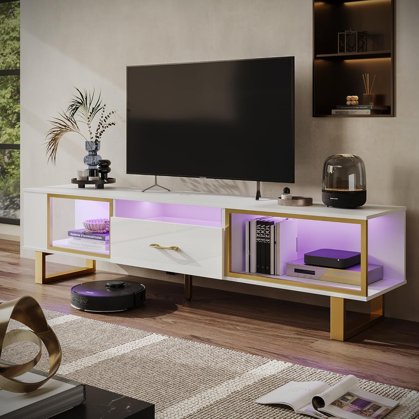Bestier TV Stand for 75 Inch TV, LED Gaming Entertainment Center with Open Storage & Half-Glass Design Drawer, Modern High Glossy TV Cabinet for Living Room Bedroom, Black and Gold