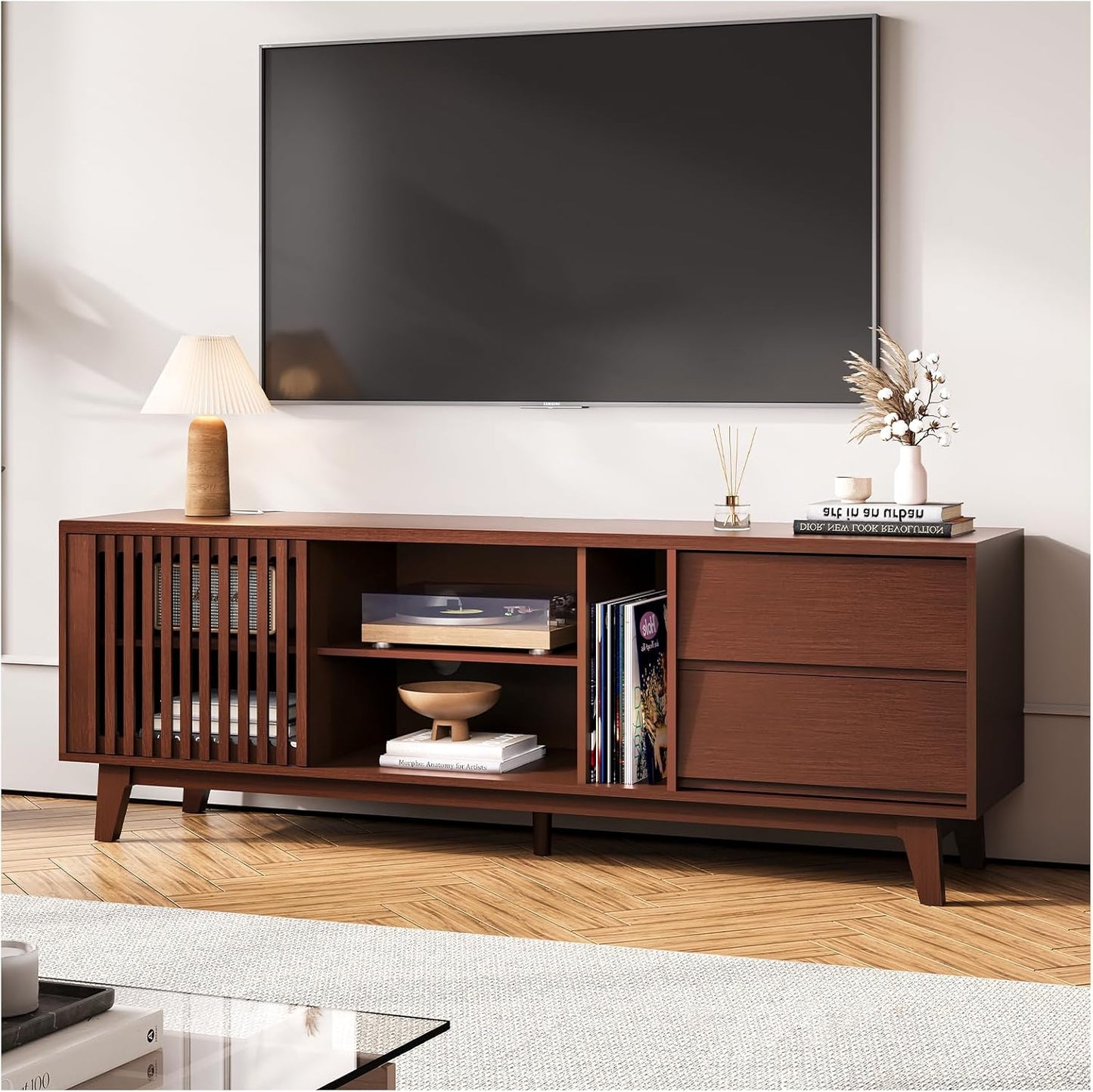 66" Fluted TV Stands for Living Room, Mid Century Modern TV Consoles for 75 inch TV, Entertainment Center with Storage, Media Console with Adjustment Shelf(Cherry)