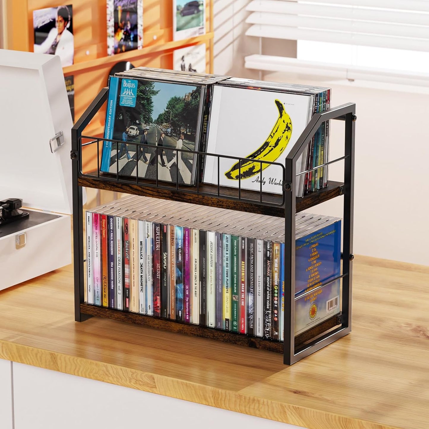 2-Tier CD Holder, CD Storage Shelf for Display, CD Organizer with Dispay Top Shelf, Premium CD Rack for Home & Office, Holds Up to 60 Standard CD Cases, Ideal for Music Enthusiasts