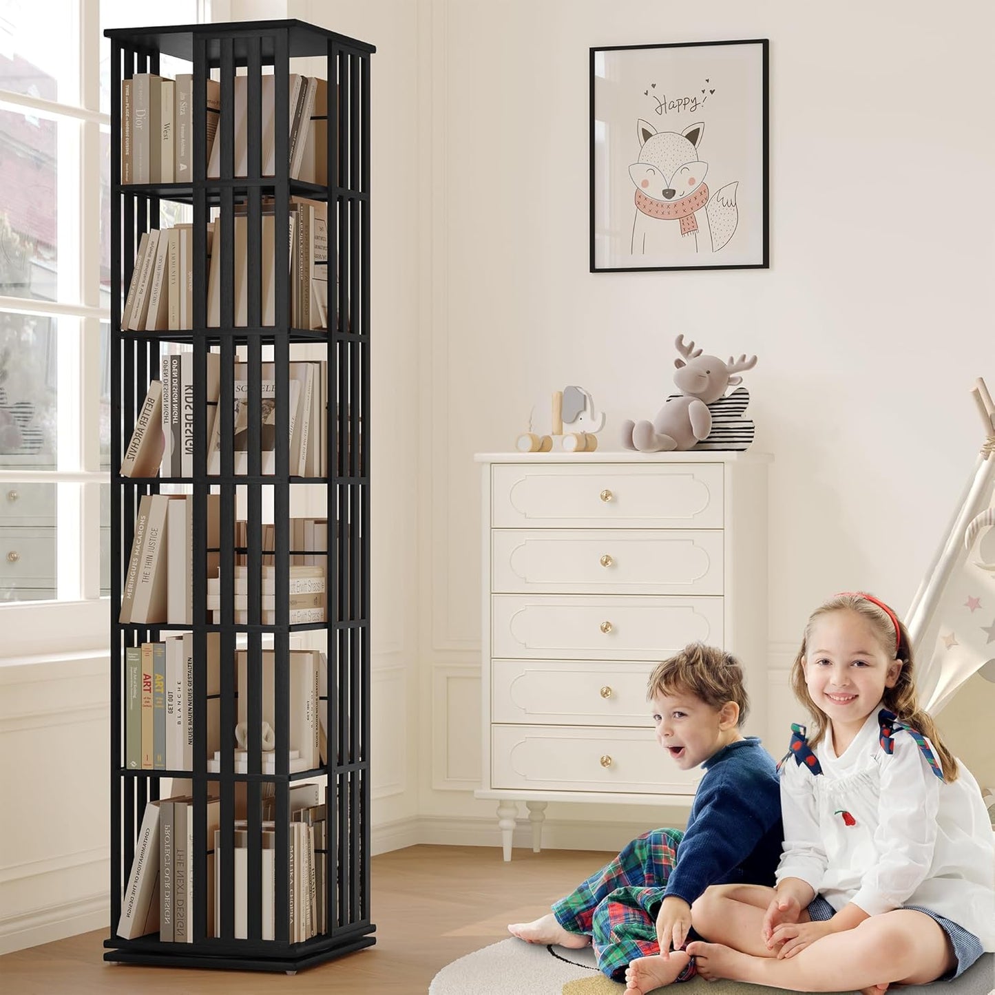 Rotating Bookshelf Tower, 360 Display Spinning Bookcase, Bamboo Bookshelf Floor Standing Storage Rack, Wood Narrow Book Shelf Organizer for Kids&Adults (Black)