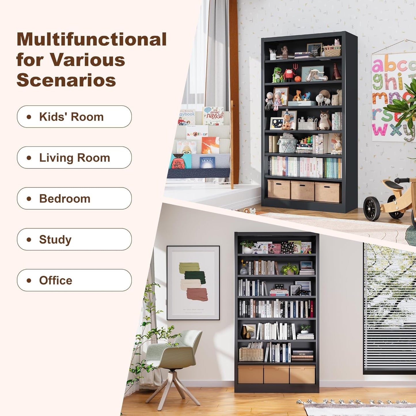 55" Media Storage Cabinet, Metal CD Storage Rack with 6 Adjustable Shelves, Large DVD Storage Shelf Rack for Living Room, Home Entertainment (Black)