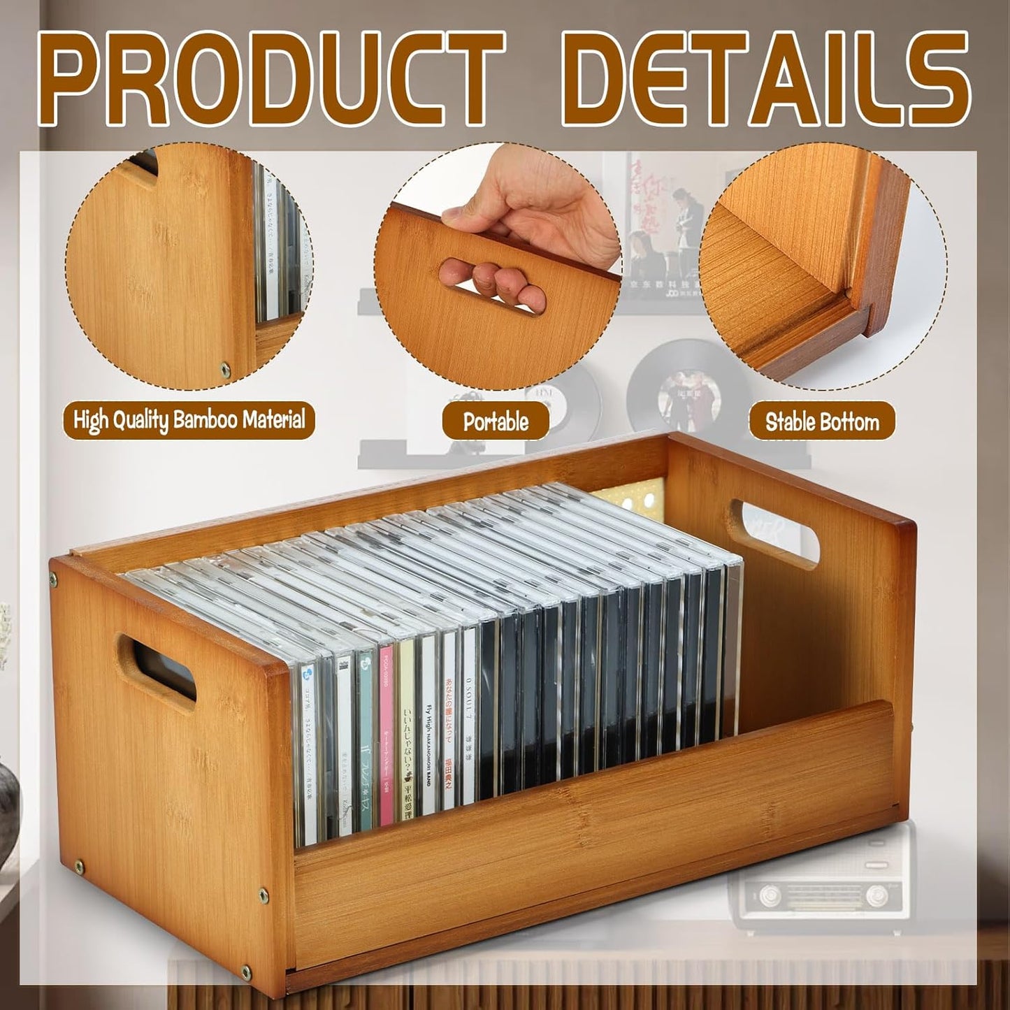 2 Set Bamboo CD Storage Box, Stackable CD Holder Racks Organizer Shelf for Movie Cases, DVDs, Cassette Tape Display Stand, Disc Holder with Carrying Handles