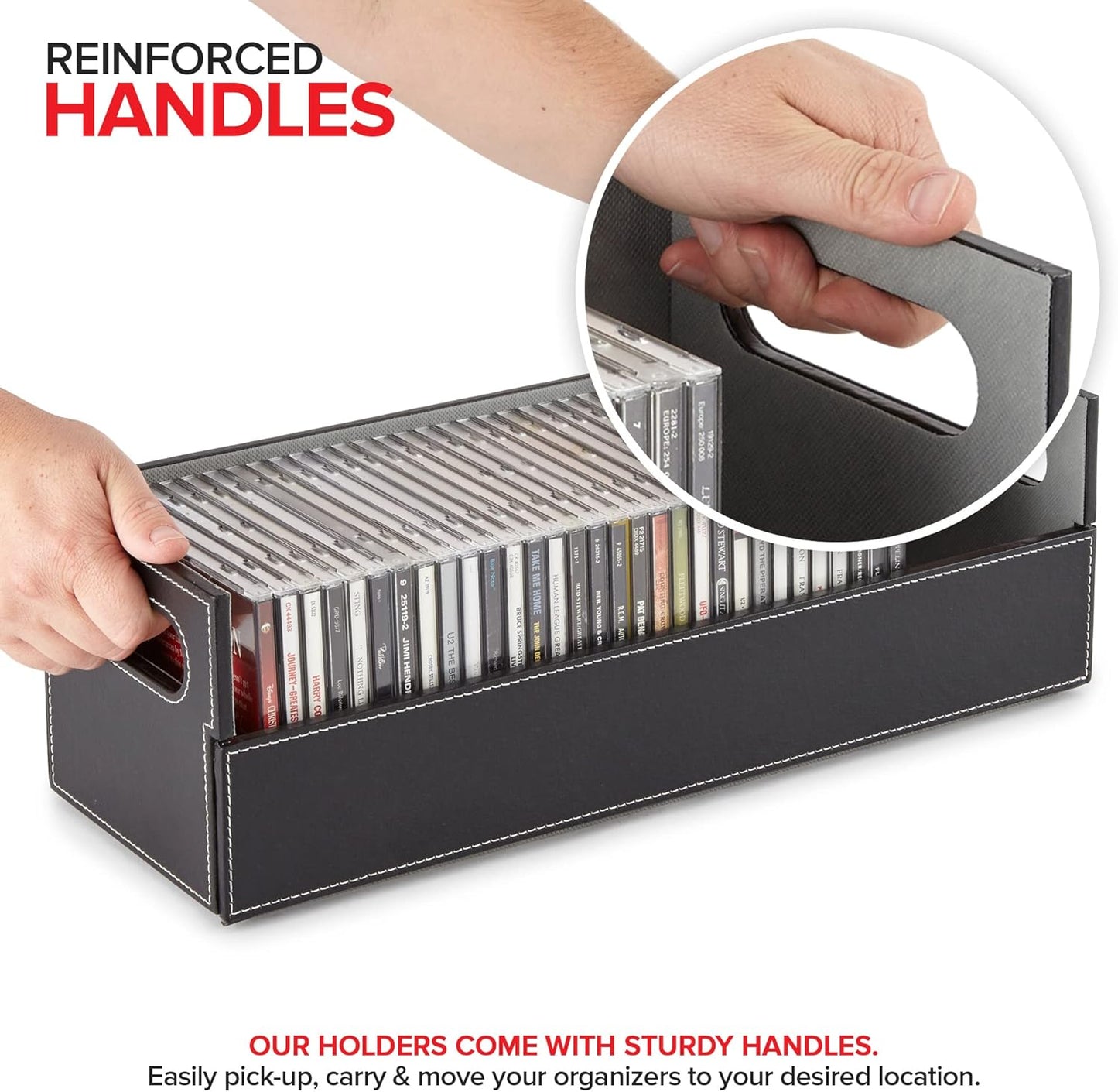 Stock Your Home 2- Pack CD Storage Box, Organizer Shelf for Movie Cases, DVDs, Cassette Tape Display Stand, Disc Holder Can Store Up to 40 CDs, Faux Leather (Black with Gray Interior)