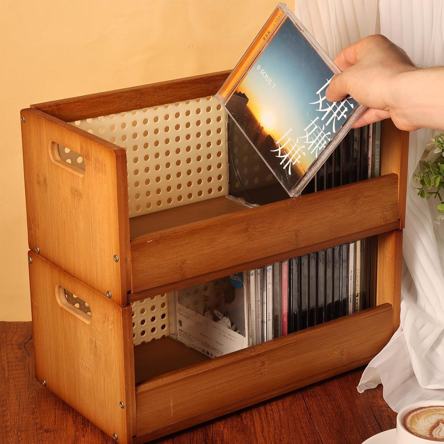 2 Set Bamboo CD Storage Box, Stackable CD Holder Racks Organizer Shelf for Movie Cases, DVDs, Cassette Tape Display Stand, Disc Holder with Carrying Handles