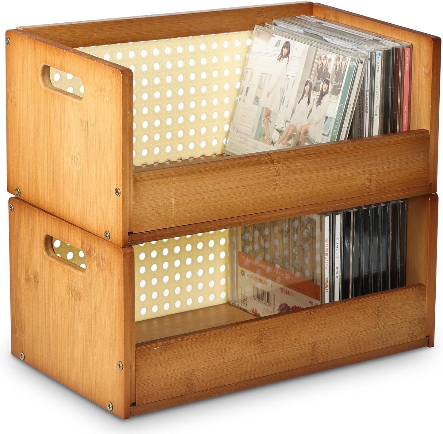 2 Set Bamboo CD Storage Box, Stackable CD Holder Racks Organizer Shelf for Movie Cases, DVDs, Cassette Tape Display Stand, Disc Holder with Carrying Handles