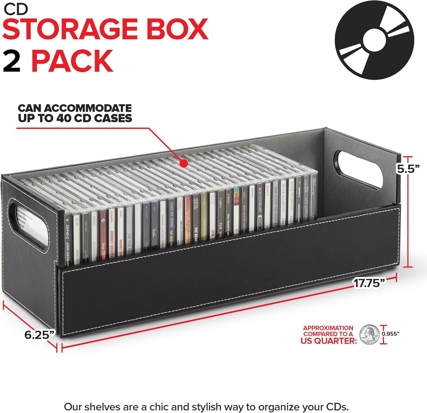 Stock Your Home 2- Pack CD Storage Box, Organizer Shelf for Movie Cases, DVDs, Cassette Tape Display Stand, Disc Holder Can Store Up to 40 CDs, Faux Leather (Black with Gray Interior)