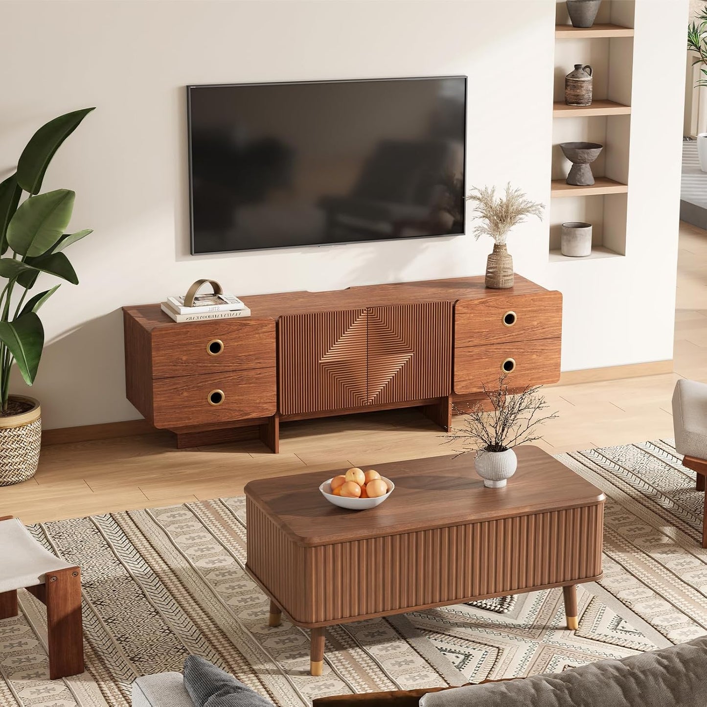 66" Fluted TV Stands for Living Room, Mid Century Modern TV Consoles for 75 inch TV, Entertainment Center with Storage, Media Console with Adjustment Shelf(Cherry)