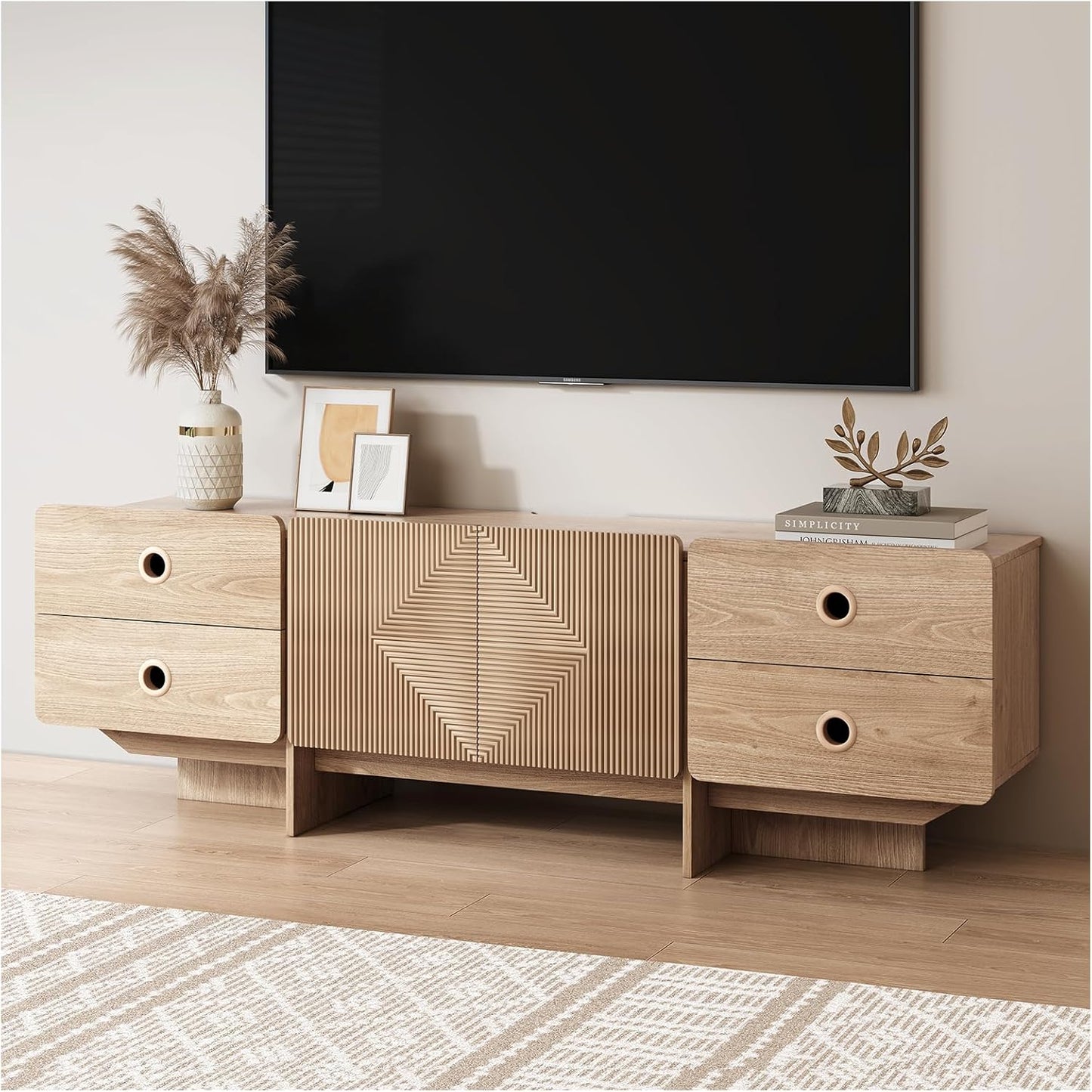 66" Fluted TV Stands for Living Room, Mid Century Modern TV Consoles for 75 inch TV, Entertainment Center with Storage, Media Console with Adjustment Shelf(Cherry)