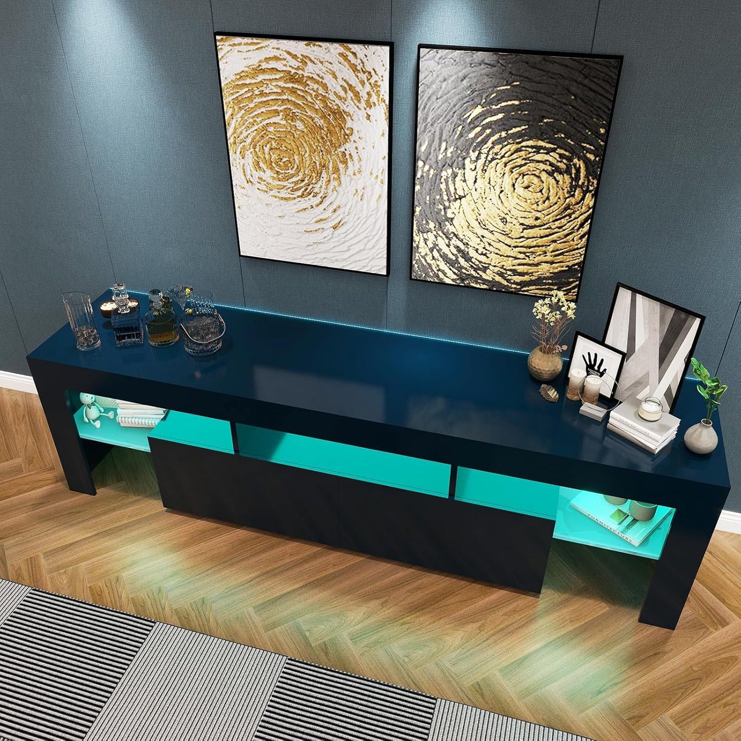 Black TV Stand, 60 65 70 75 inch Wood TV Stand, High Glossy Entertainment Center with Large Drawers&Glass Display Shelf, LED Modern Media Gaming Cabinet TV Console for Livingroom, Bedroom