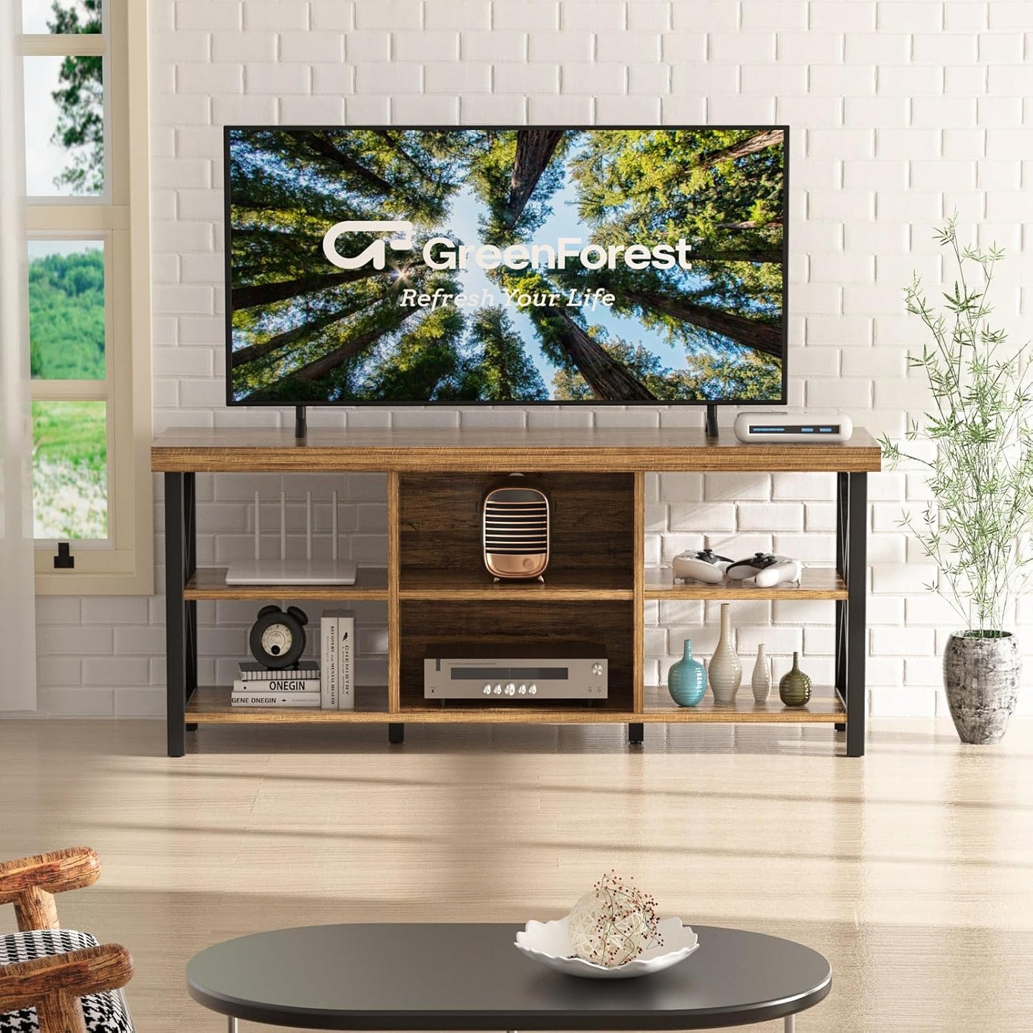 GreenForest TV Stand for TV up to 65 inches, Entertainment Center with 6 Storage Cabinet for Living Room, 55 inch Farmhouse Television Stands Console Table, TV Stands for Living Room, Walnut