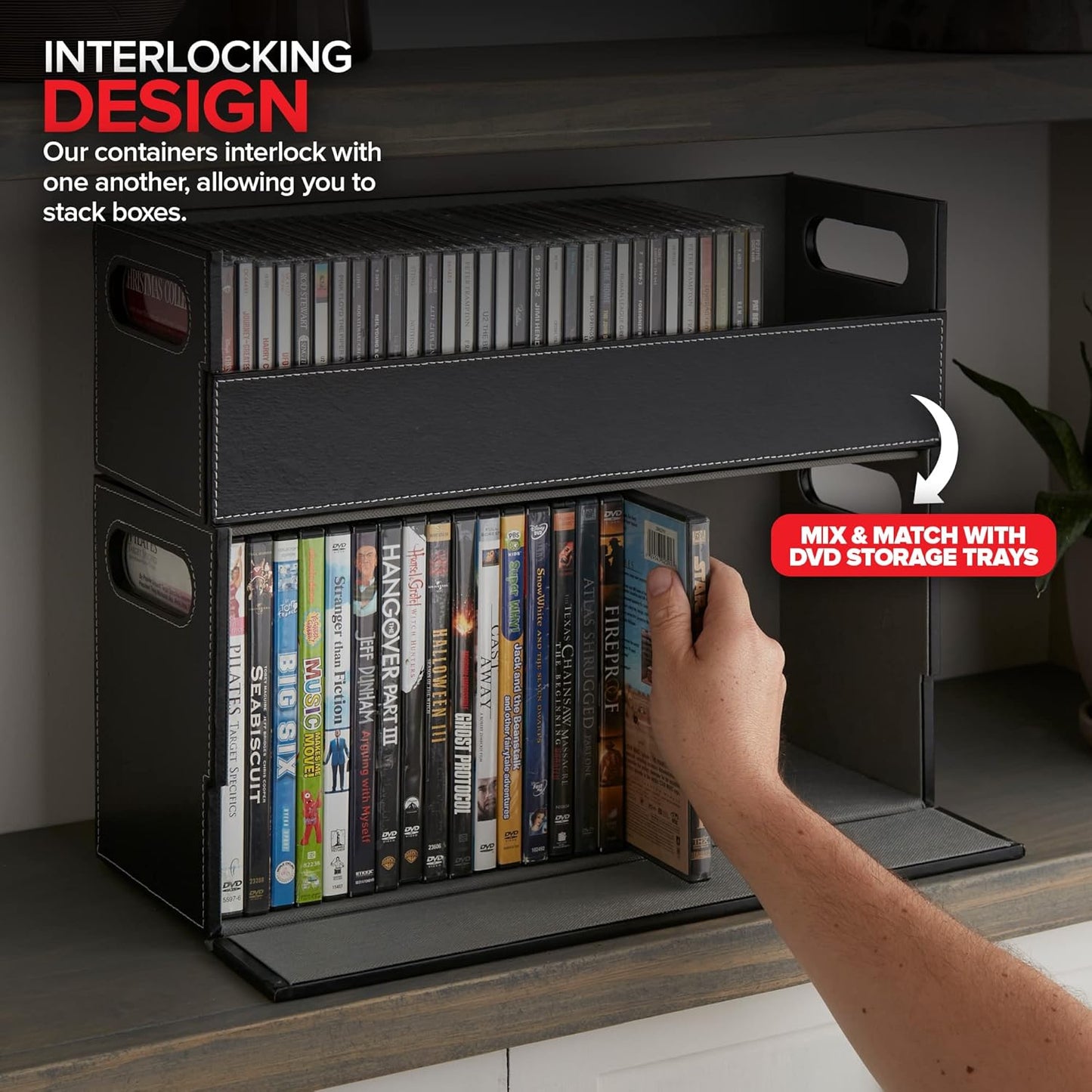 Stock Your Home 2- Pack CD Storage Box, Organizer Shelf for Movie Cases, DVDs, Cassette Tape Display Stand, Disc Holder Can Store Up to 40 CDs, Faux Leather (Black with Gray Interior)