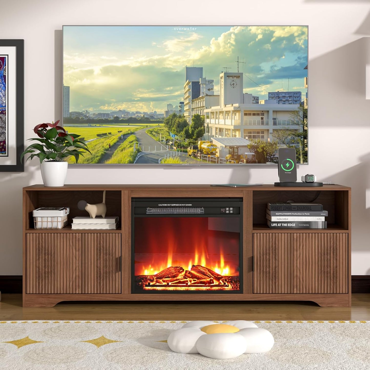 Fluted TV Stand for Tvs up to 80",Mid Century Modern TV Stand with Open Adjustable Shelf,Entertainment Center Wood TV Media Console with Cord Holes,TV Stand for Living Room Furniture Bedroom,Walnut