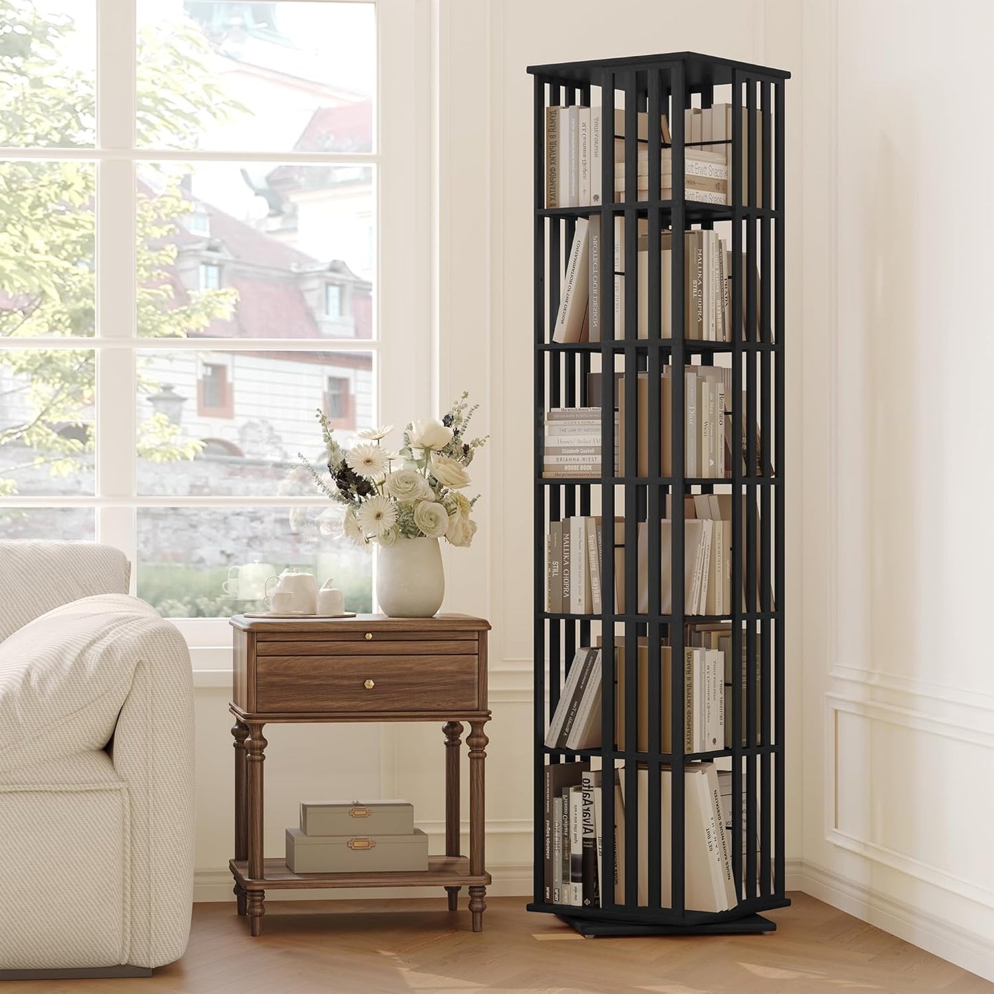 Rotating Bookshelf Tower, 360 Display Spinning Bookcase, Bamboo Bookshelf Floor Standing Storage Rack, Wood Narrow Book Shelf Organizer for Kids&Adults (Black)