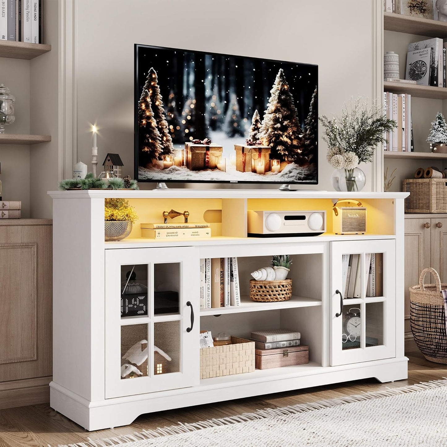 LINSY HOME TV Stand for 65 Inch TV, 32" Tall Entertainment Center with LED Lights and Glass Door Storage Cabinet, Modern Farmhouse TV Media Console Table for Living Room, Black