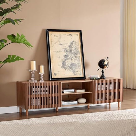Bonzy Home 70" Mid Century Modern TV Stand, TV Console for TV up to 75", Slatted Entertainment Center with Storage and Open Shelves for Living Room, Bedroom, and Media Room