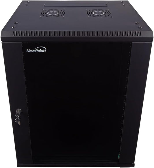 NavePoint 15U Server Cabinet Wall Mount Rack Enclosure with Caster Wheels, Includes 2 Fans, Locking Glass Door, Removable Side Panels – 15U Network Cabinet 17.7” Deep, 19”Server Rack for IT Equipment