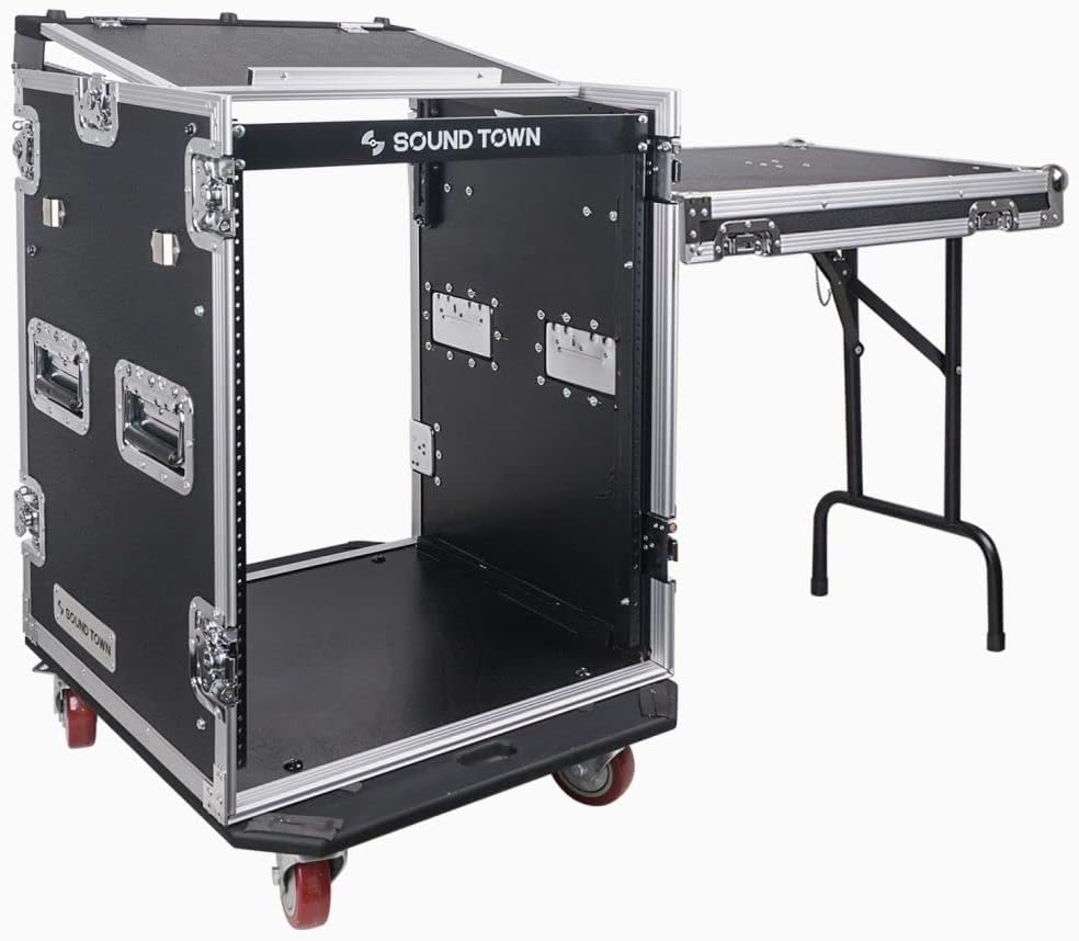 Sound Town Enhanced 1/2" (12mm) Plywood 10U PA DJ Pro Audio Rack/Road ATA Case with 11U Slant Mixer Top, 20’’ Rackable Depth and Casters, 10 Space Size, Pro Tour Grade (STMR-10UW)