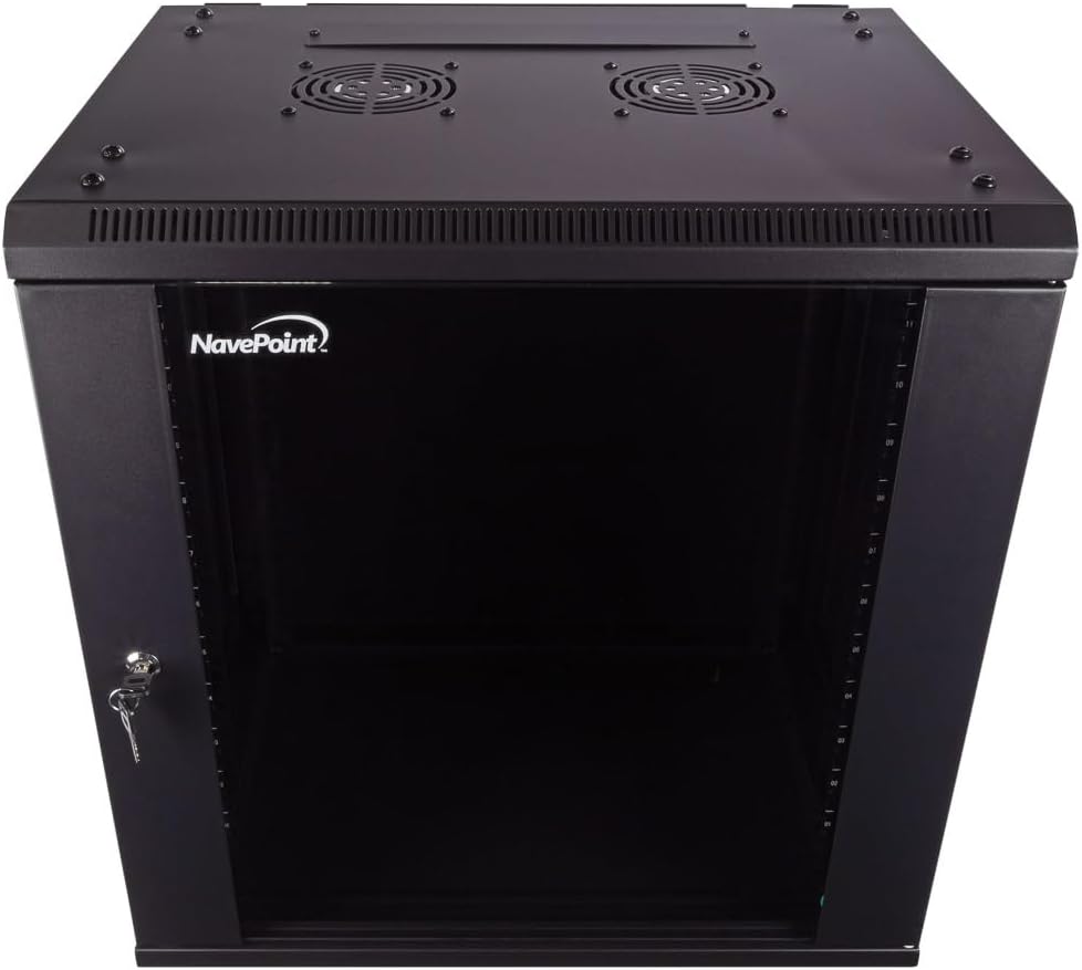 NavePoint 15U Server Cabinet Wall Mount Rack Enclosure with Caster Wheels, Includes 2 Fans, Locking Glass Door, Removable Side Panels – 15U Network Cabinet 17.7” Deep, 19”Server Rack for IT Equipment