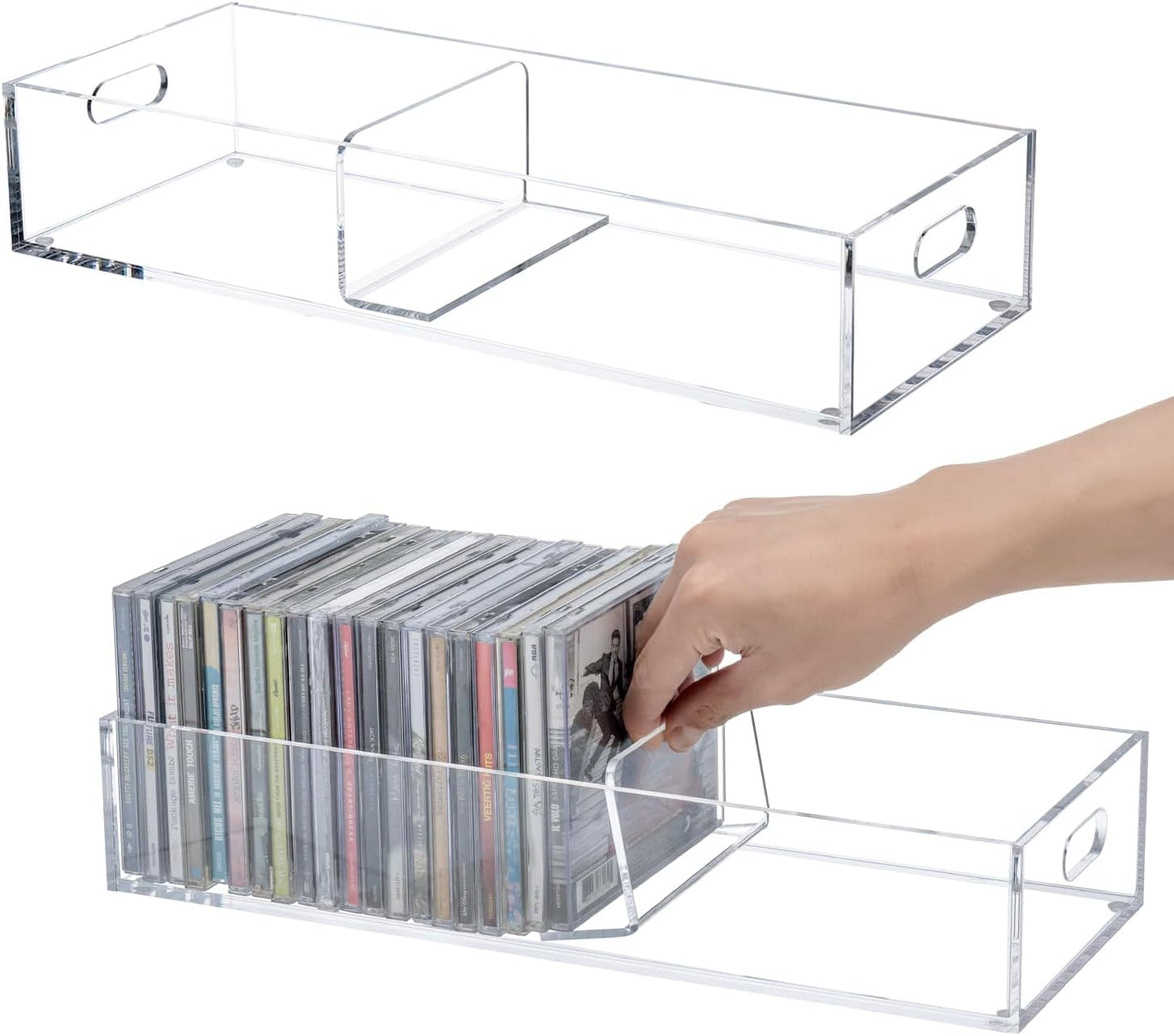 MyGift Modern Premium Clear Acrylic Stackable CD Holder Racks with Cutout Carrying Handles, Compact Disc Jewel Case Display Crates, Media Storage Organizers, Set of 2