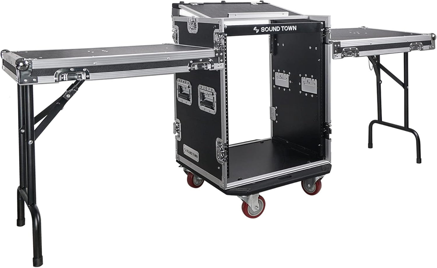 Sound Town Enhanced 1/2" (12mm) Plywood 10U PA DJ Pro Audio Rack/Road ATA Case with 11U Slant Mixer Top, 20’’ Rackable Depth and Casters, 10 Space Size, Pro Tour Grade (STMR-10UW)