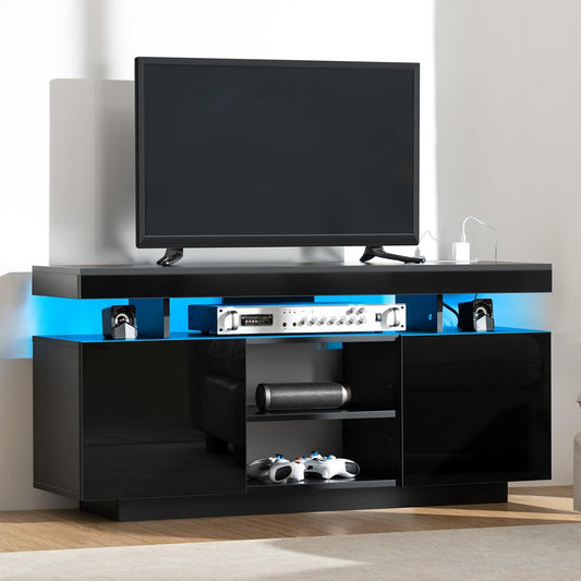 HOMMPA Modern LED TV Stand for 55/50/43/40/32 inch TVs with Power Outlets, Gaming Entertainment Center with Storage Media Table TV Consoles for Living Room, Black