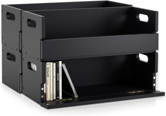 4 Set Wooden CD Storage Box Holder Shelf Cassette Tape Display Racks with Carrying Handles, Organizer Shelf for Movie Cases, DVDs, Each Set Can Store up to 36 Pcs CDs (Black)