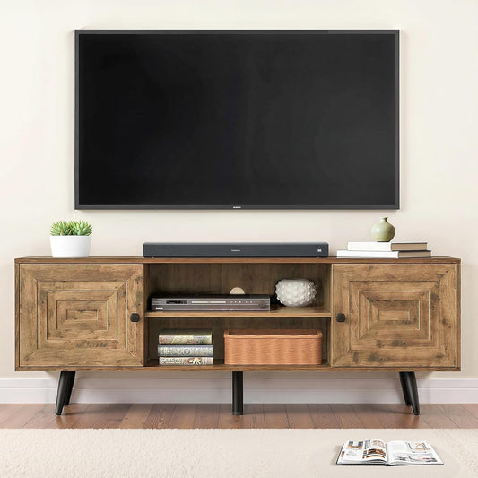 Mid Century Modern TV Stand for 65" TV, Wooden TV Stand Entertainment Console with Open Shelving and 2 Storage Cabinets for Bedroom, Living Room（Rustic Oak）