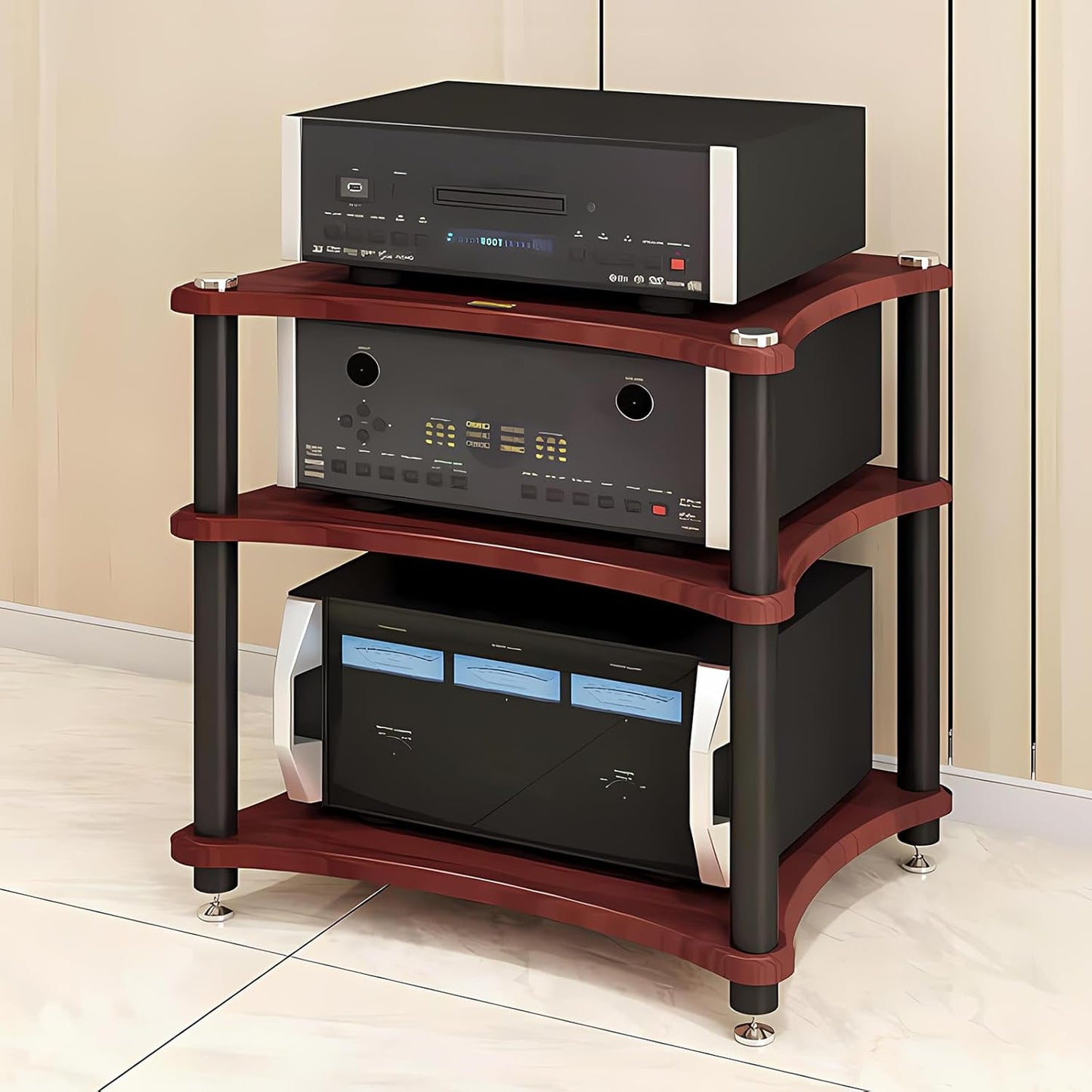 Heavy Duty Audio Component Rack, Large Storage Space AV Media Stand with Shock-Absorbing Foot pegs, Audio Rack Tower CD Player Stand for Home/Office/Audio Video/Theate (Black, 3rd Floor)
