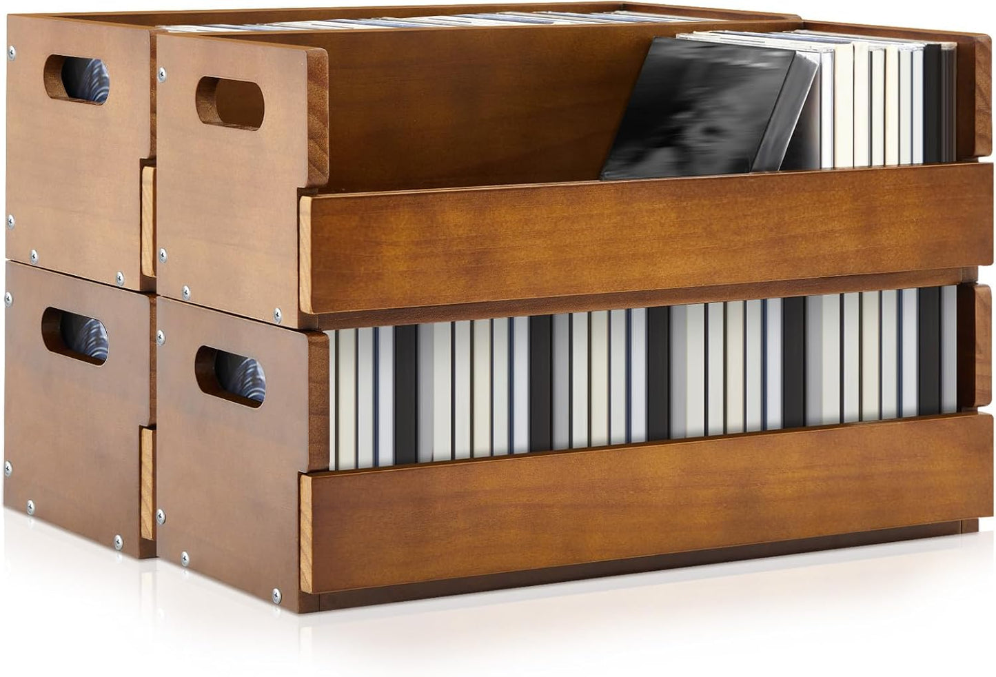 2 Set Wooden CD Storage Box Holder Shelf Cassette Tape Display Racks with Carrying Handles, Organizer Shelf for Movie Cases, DVDs, Each Set Can Store up to 36 Pcs CDs (Brown)
