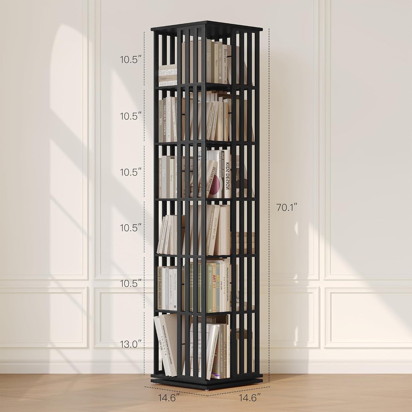 Rotating Bookshelf Tower, 360 Display Spinning Bookcase, Bamboo Bookshelf Floor Standing Storage Rack, Wood Narrow Book Shelf Organizer for Kids&Adults (Black)