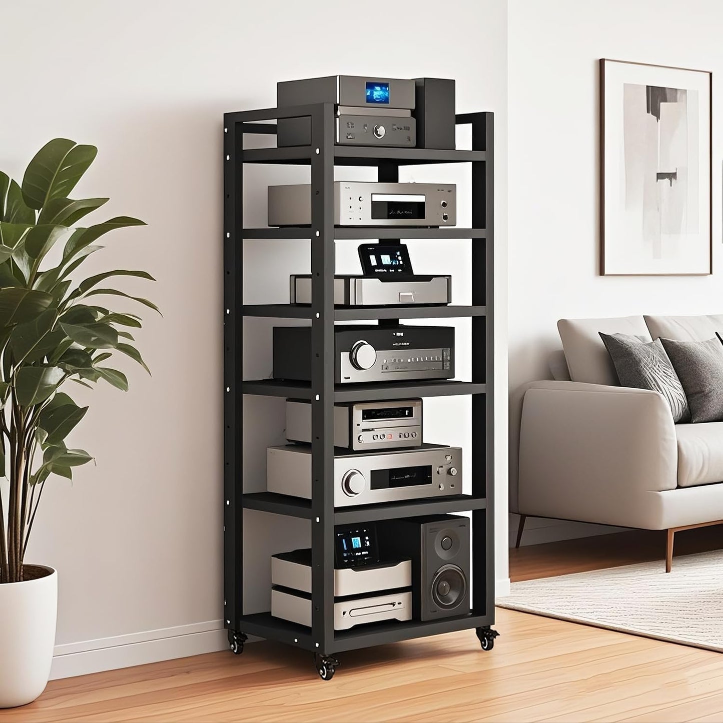 6 Tier Audio Rack Tower, Corner TV Console and AV Media Components Cabinet, Heavy Duty Stereo Racks and Stands with Adjustable Wooden Shelf for Home/Office/Theater(A)
