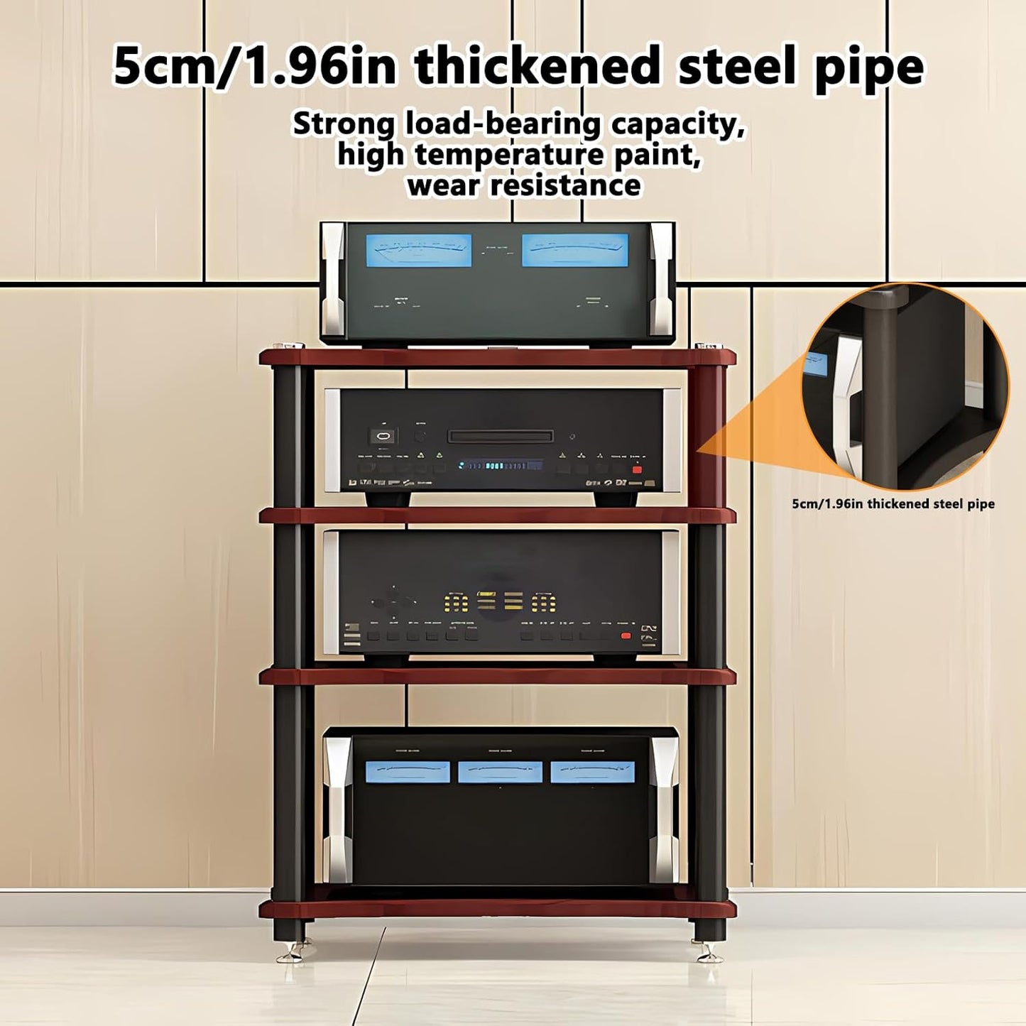 Heavy Duty Audio Component Rack, Large Storage Space AV Media Stand with Shock-Absorbing Foot pegs, Audio Rack Tower CD Player Stand for Home/Office/Audio Video/Theate (Black, 3rd Floor)