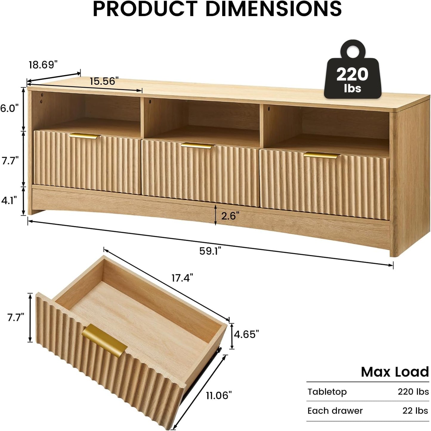 Amada TV Stand for 50-65" TV, Fluted Modern TV Stand Entertainment Center with Drawers and Open Shelf, Waveform Panel, Sleek Curved Profile Media TV Console Table for Living Room, Bedroom, Nature Oak