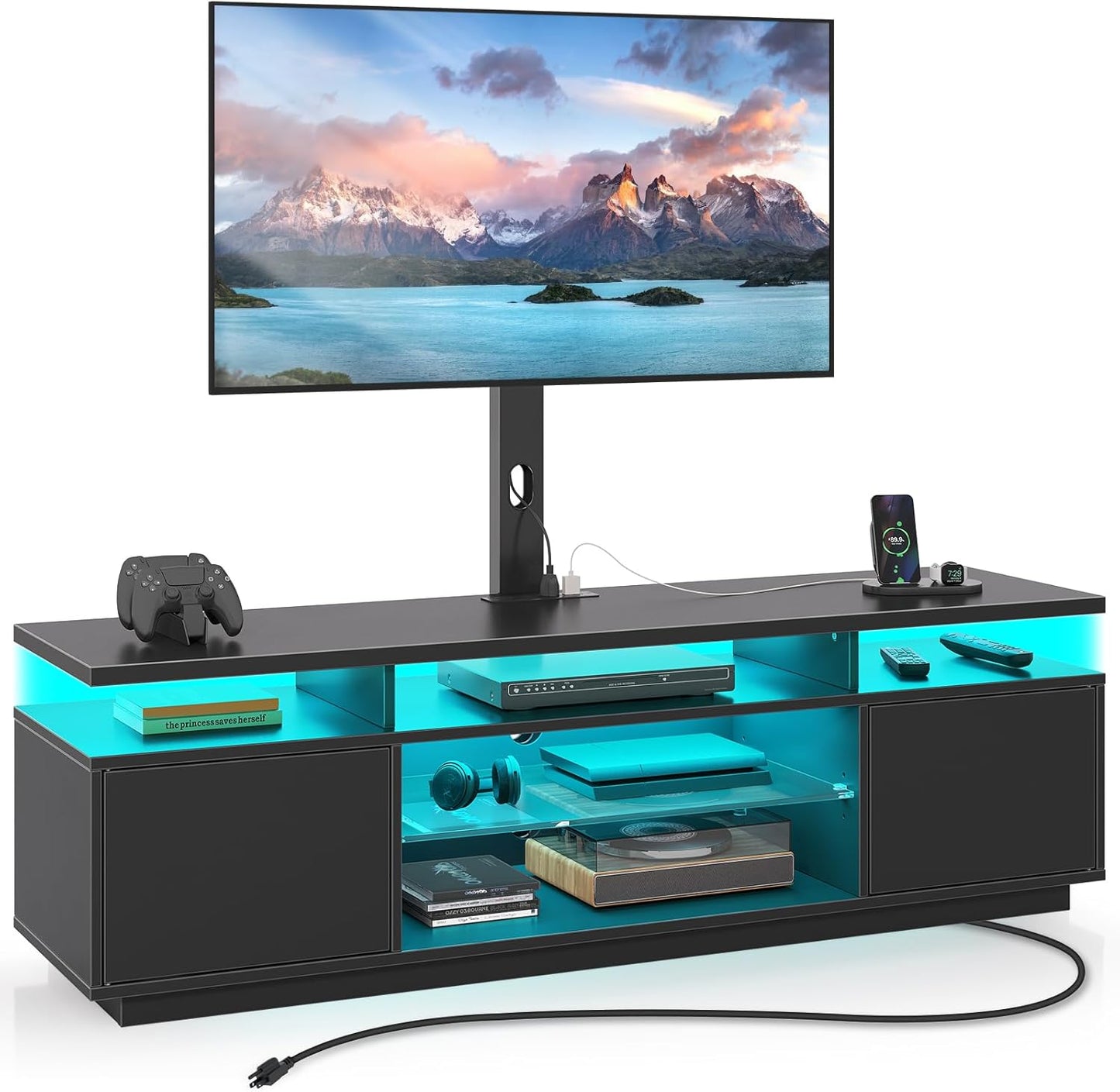 Rolanstar TV Stand with Mount and Power Outlet 51.2", Swivel TV Stand Mount for 32/45/55/60/65/70 inch TVs, Height Adjustable Modern Entertainment Center with Storage & LED Lights, TV Table Black