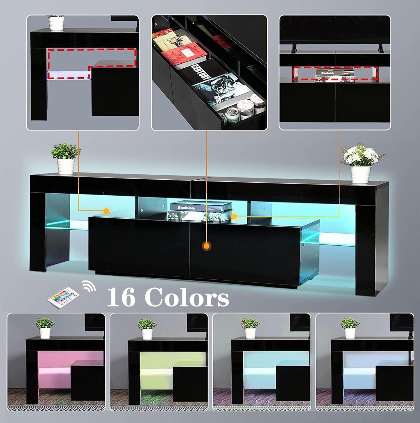 Black TV Stand, 60 65 70 75 inch Wood TV Stand, High Glossy Entertainment Center with Large Drawers＆Glass Display Shelf, LED Modern Media Gaming Cabinet TV Console for Livingroom, Bedroom