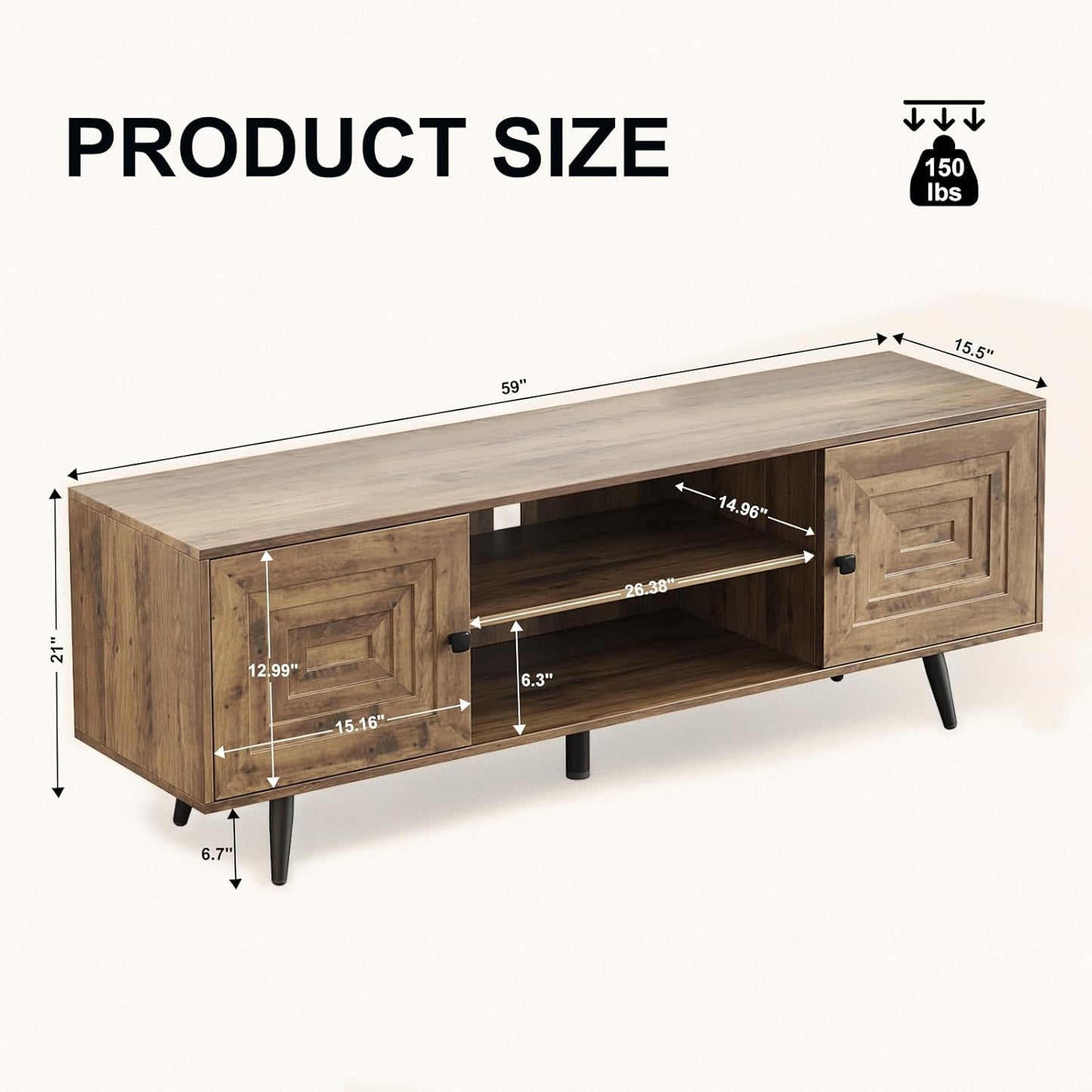 Mid Century Modern TV Stand for 65" TV, Wooden TV Stand Entertainment Console with Open Shelving and 2 Storage Cabinets for Bedroom, Living Room（Rustic Oak）
