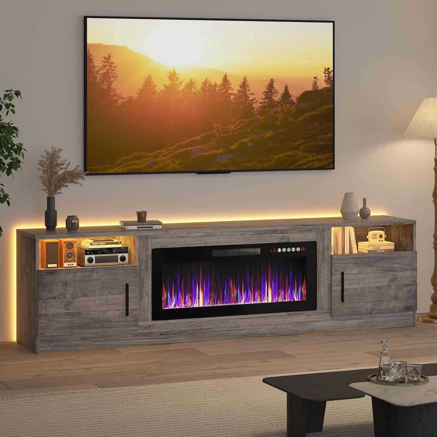 Lemberi Fireplace tv Stand with 36 inch Fireplace Up to 80" TVs,LED Light Entertainment Center and Storage, 70" Modern Wood Media TV Console with Highlight Cabinet for Living Room (White)