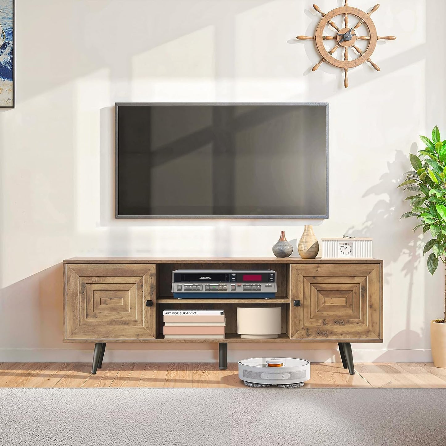 Mid Century Modern TV Stand for 65" TV, Wooden TV Stand Entertainment Console with Open Shelving and 2 Storage Cabinets for Bedroom, Living Room（Rustic Oak）