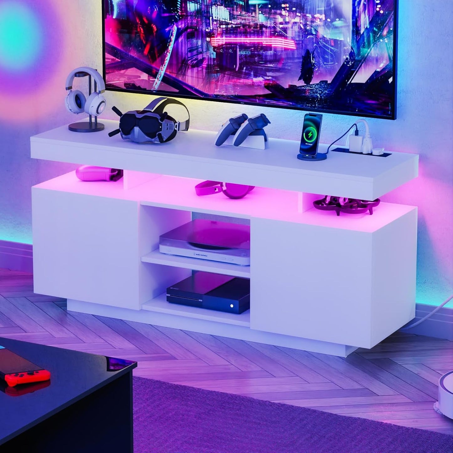 HOMMPA Modern LED TV Stand for 55/50/43/40/32 inch TVs with Power Outlets, Gaming Entertainment Center with Storage Media Table TV Consoles for Living Room, Black