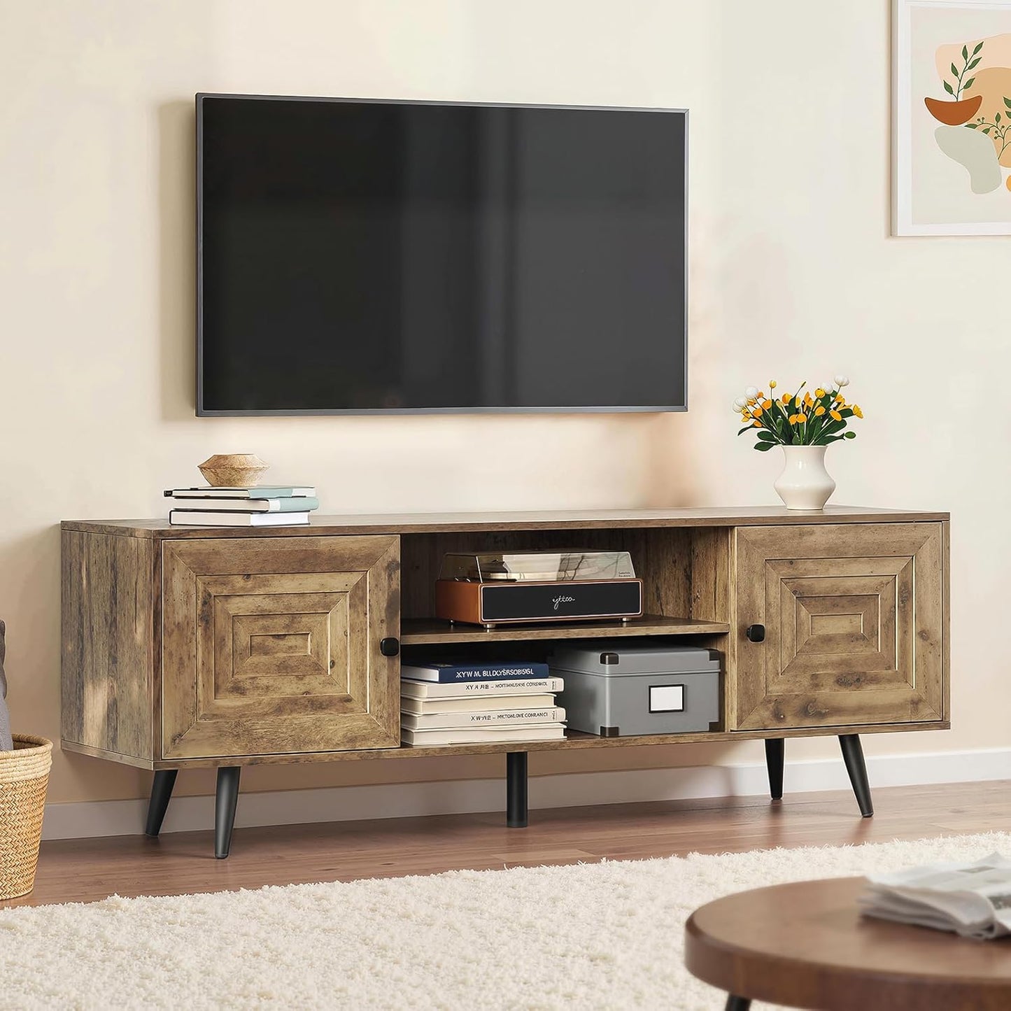 Mid Century Modern TV Stand for 65" TV, Wooden TV Stand Entertainment Console with Open Shelving and 2 Storage Cabinets for Bedroom, Living Room（Rustic Oak）