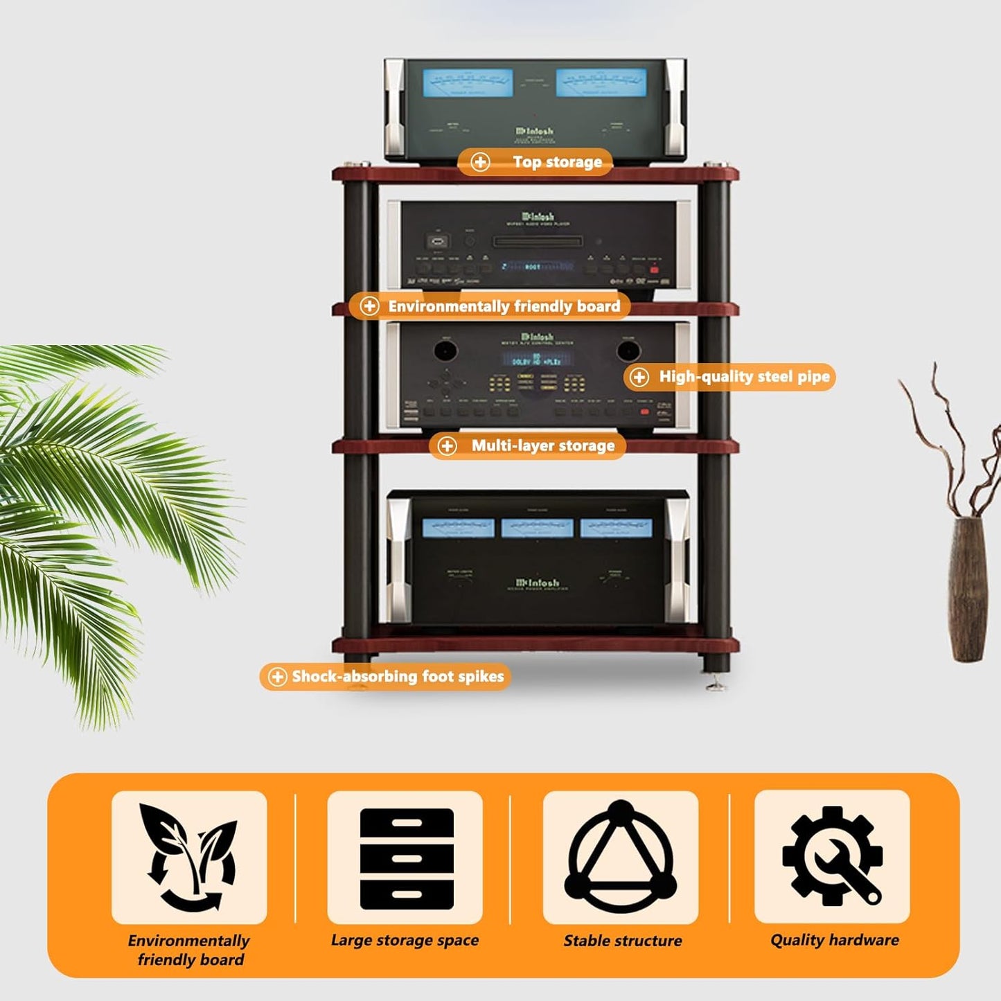 Heavy Duty Audio Component Rack, Large Storage Space AV Media Stand with Shock-Absorbing Foot pegs, Audio Rack Tower CD Player Stand for Home/Office/Audio Video/Theate (Black, 3rd Floor)