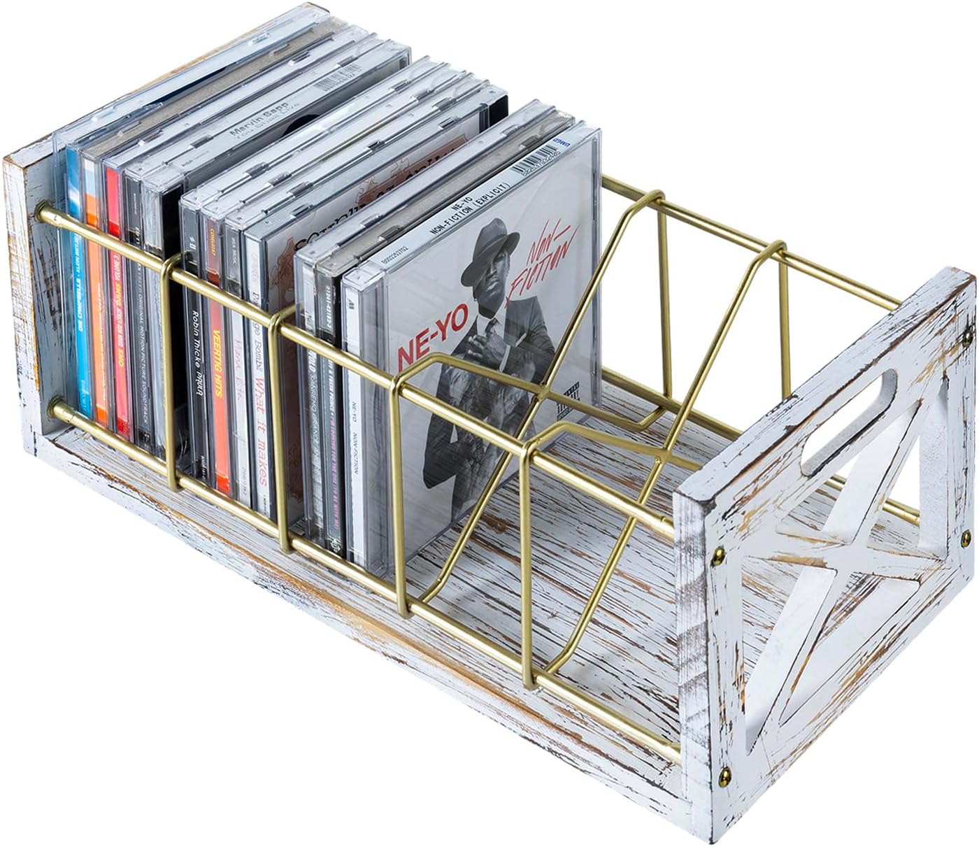 FARM IN CD Storage Holder, 5-Slot Farmhouse Industrial CD & DVD Storage Rack with Handles, Barn Door “X-Cross” Design, Rustic Solid Burnt Wood and Black Metal Wire