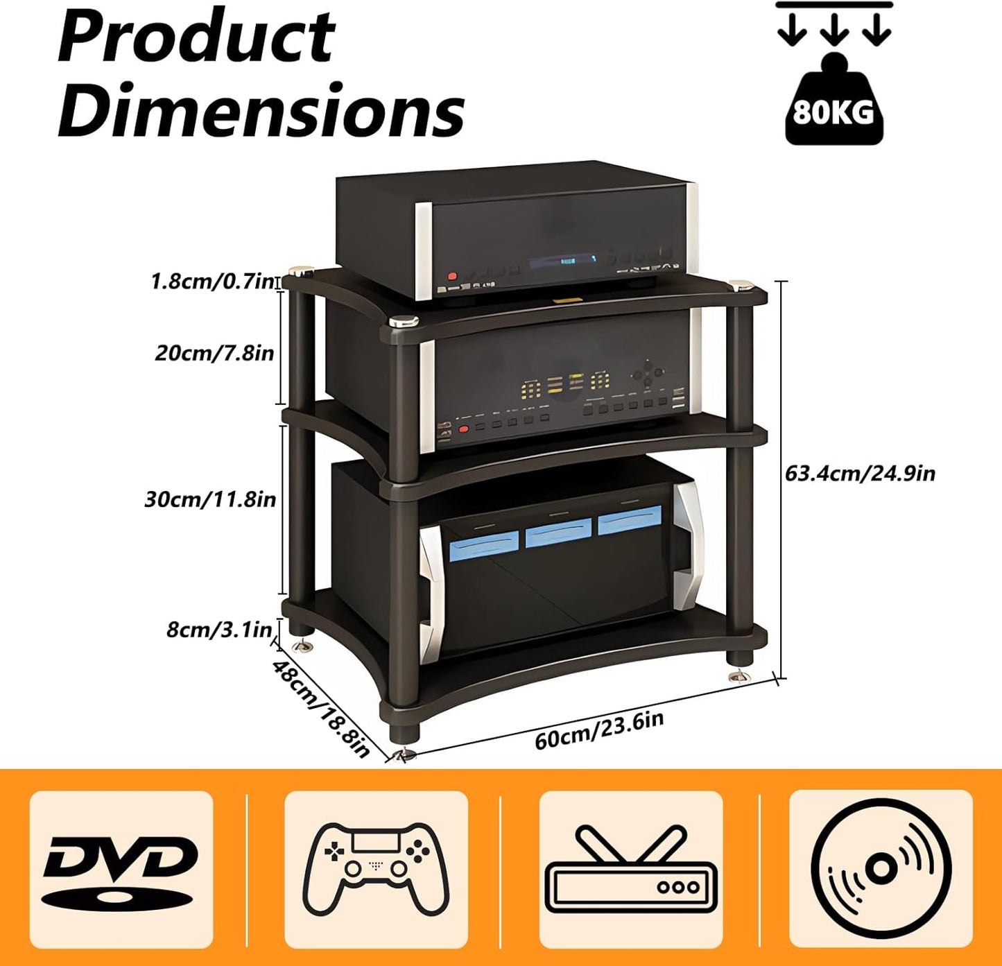 Heavy Duty Audio Component Rack, Large Storage Space AV Media Stand with Shock-Absorbing Foot pegs, Audio Rack Tower CD Player Stand for Home/Office/Audio Video/Theate (Black, 3rd Floor)
