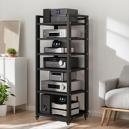 6 Tier Audio Rack Tower, Corner TV Console and AV Media Components Cabinet, Heavy Duty Stereo Racks and Stands with Adjustable Wooden Shelf for Home/Office/Theater(A)